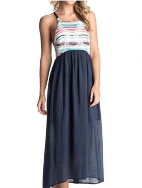 Roxy All Washed Out Ava Striped Halter Maxi Dress in Navy & Coral Medium Summer